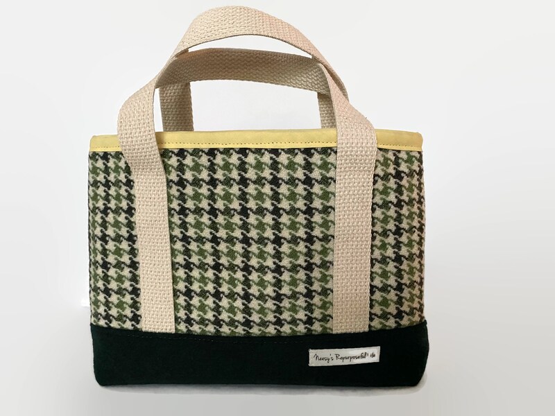Small Upcycled Tote Bag, Green Houndstooth Wool with Lining